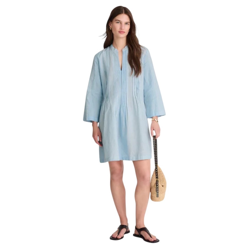 NEW MADEWELL Pleated Splitneck Mini Shirtdress Blue & White Multi Stripe Size XS